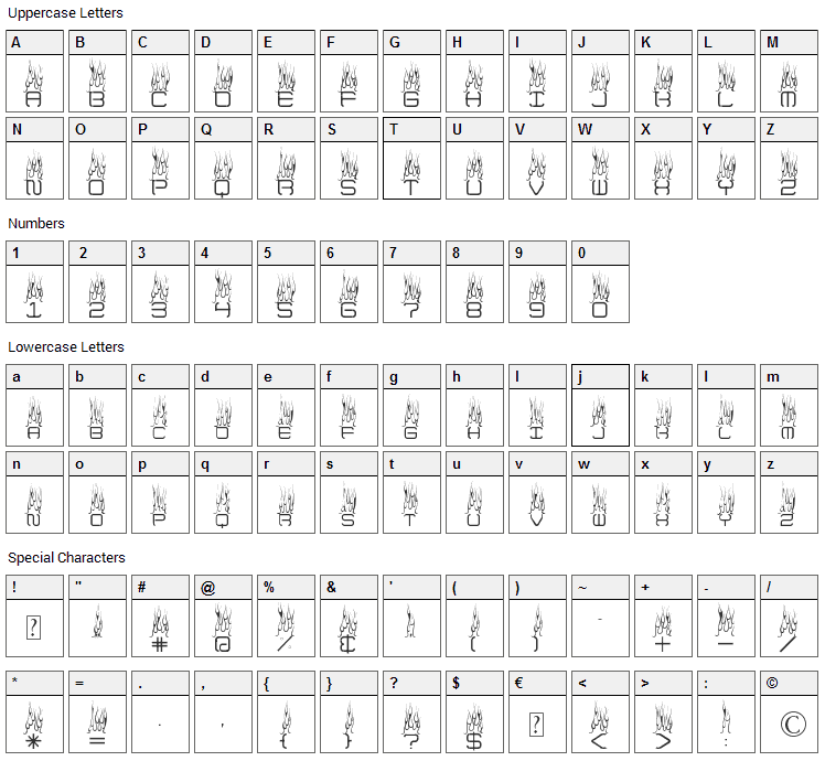 Up In Flames Font Character Map