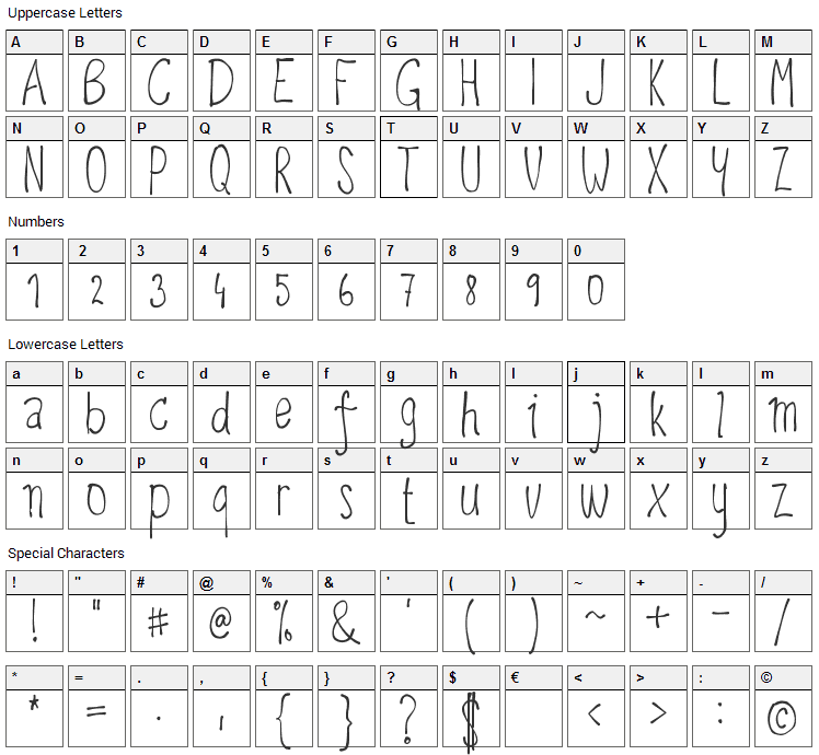 Upirpaw Font Character Map