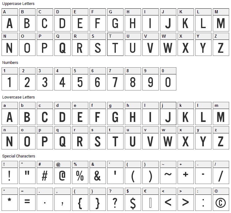 U.S. 101 Font Character Map