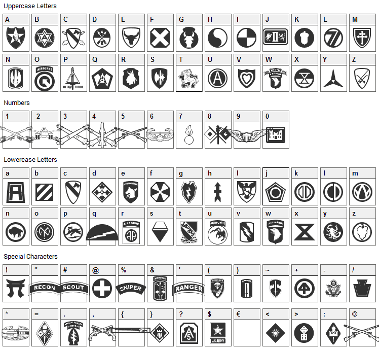 US Army II Font Character Map
