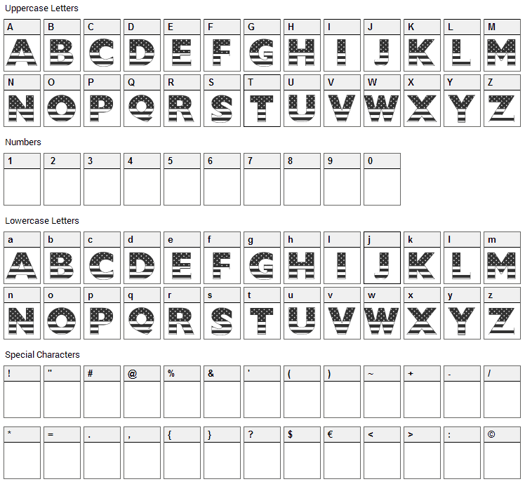 US Stars N Stripes Font Character Map