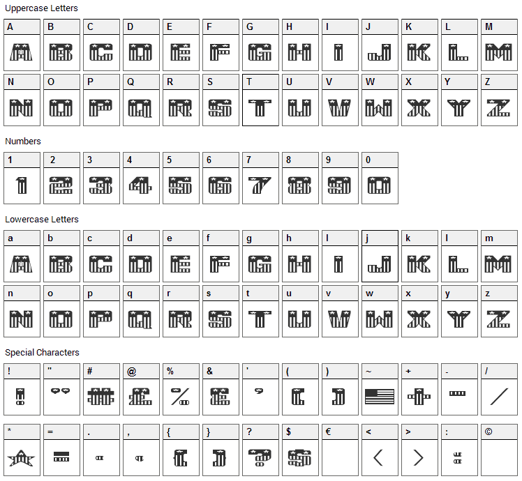 USA Flag Font Character Map