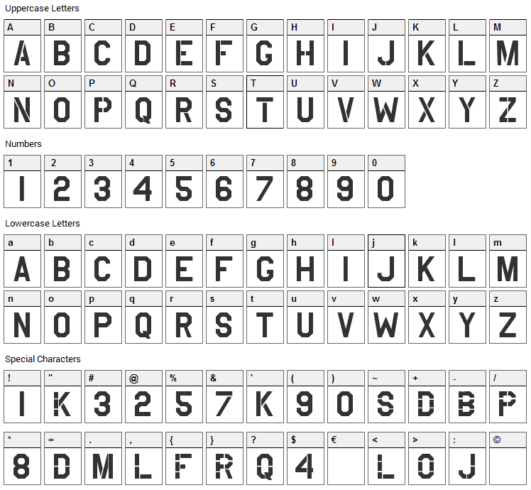 USAAF Stencil Font Character Map