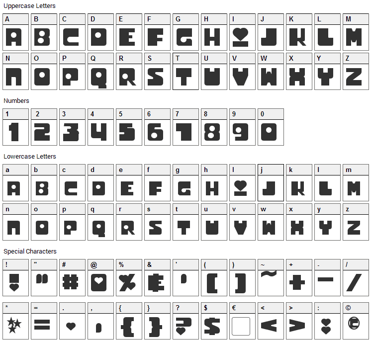 Utonium Font Character Map