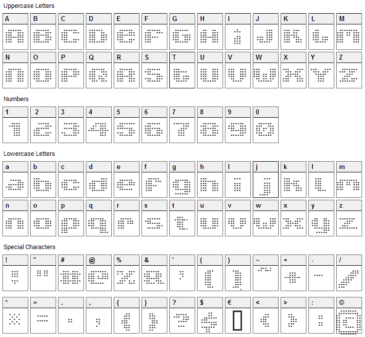 V5 Xtender Loin Font Character Map