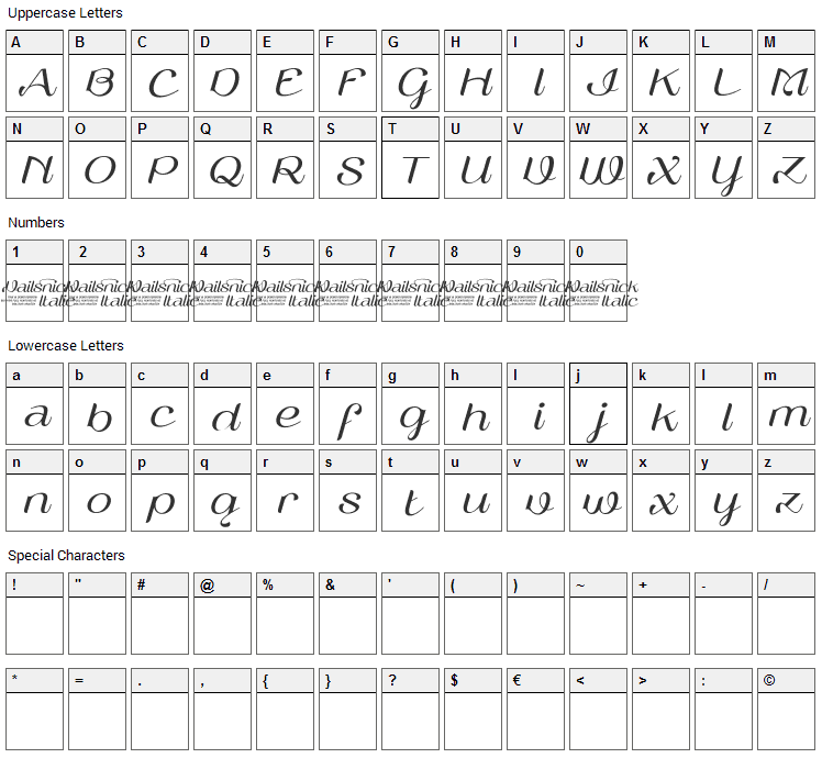 Vailsnick Font Character Map