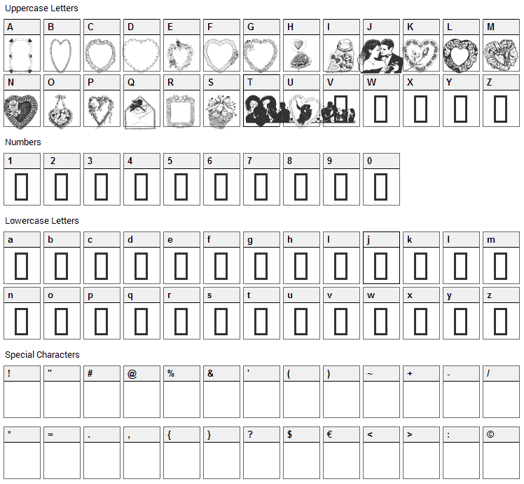 Valentine Day Font Character Map