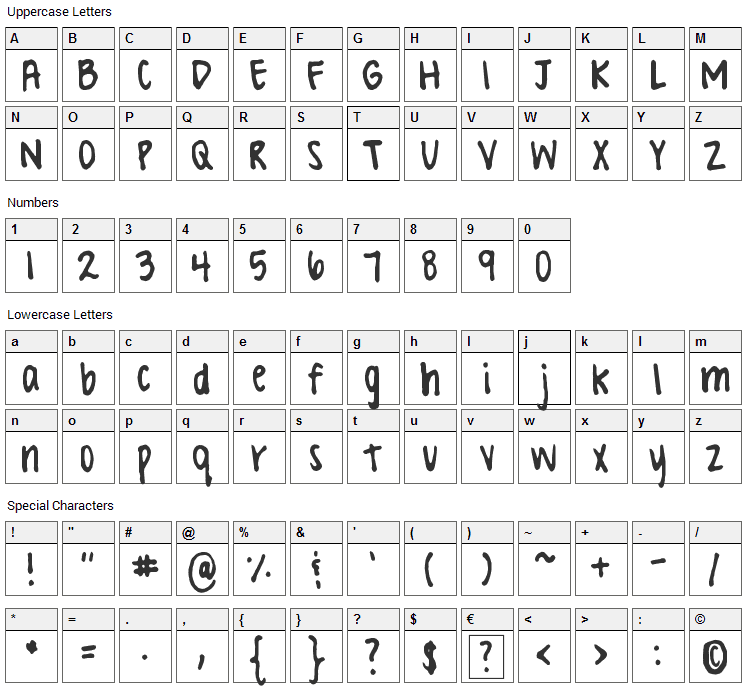 Valerie Hand Font Character Map