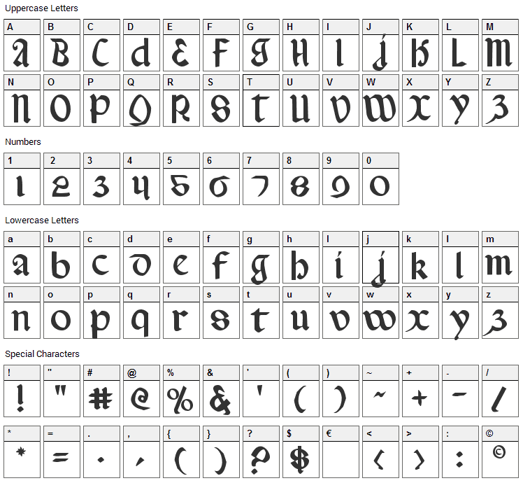 Valerius Font Character Map