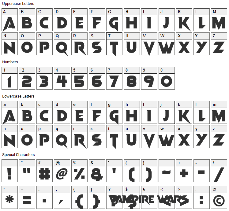 Vampire Wars Font Character Map