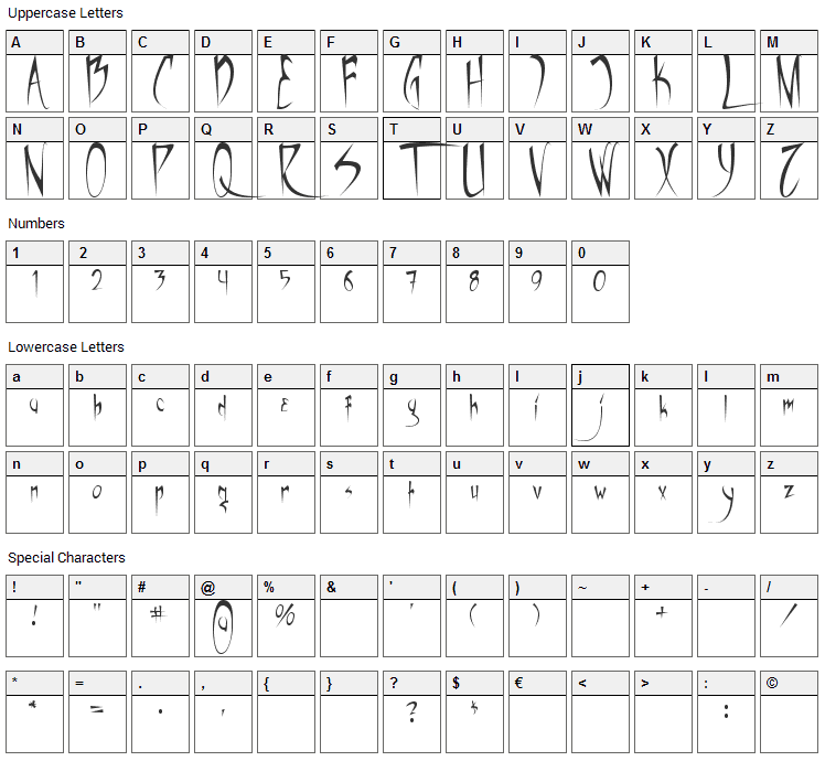 Vampiress Font Character Map