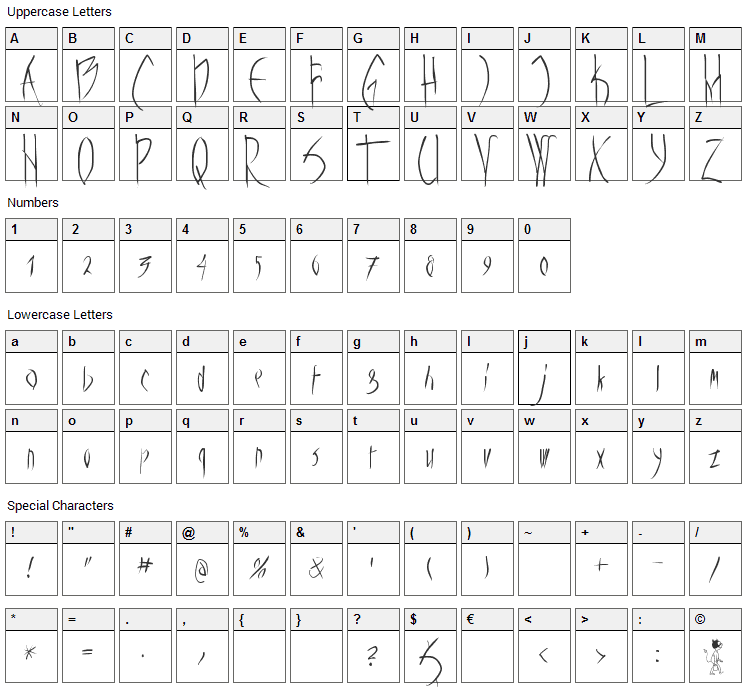 Vampyrish Font Character Map