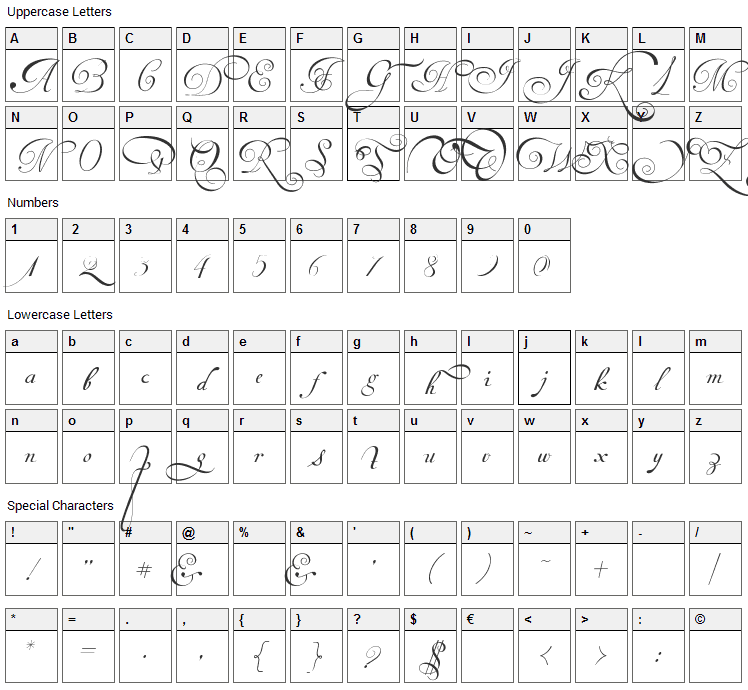 Van den Velde Script Font Character Map