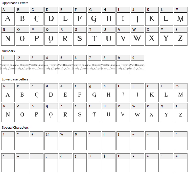 Van Helsing Font Character Map