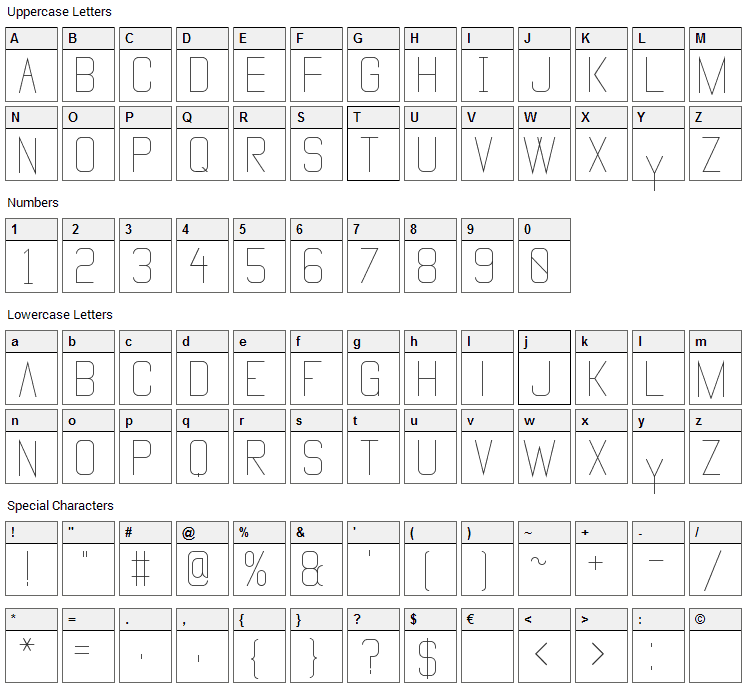 Vanadine Font Character Map