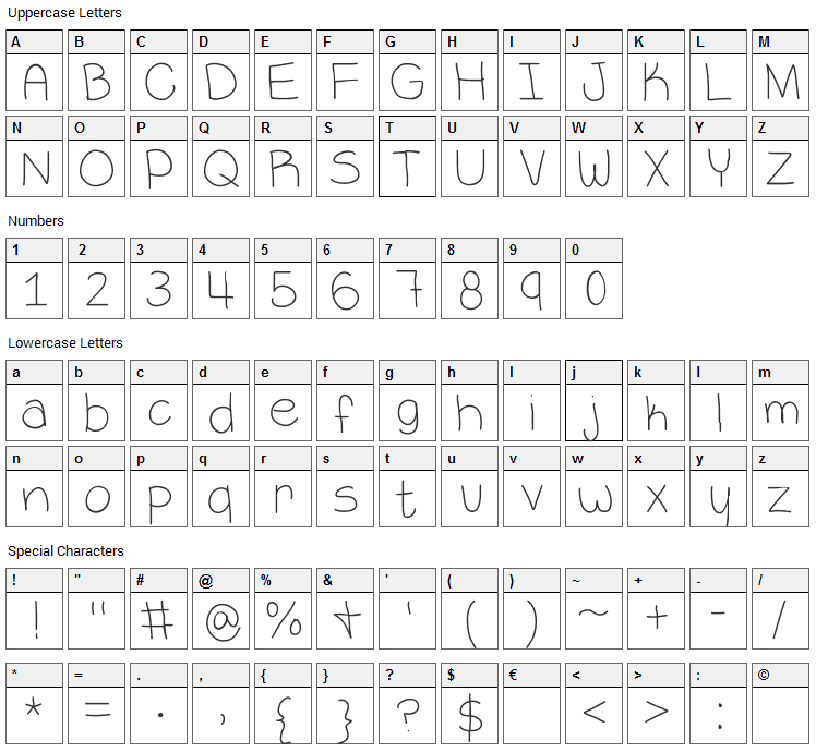 VaNess Font Character Map