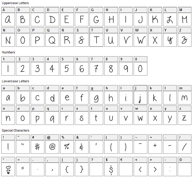 Vanessa Loves You Font Character Map