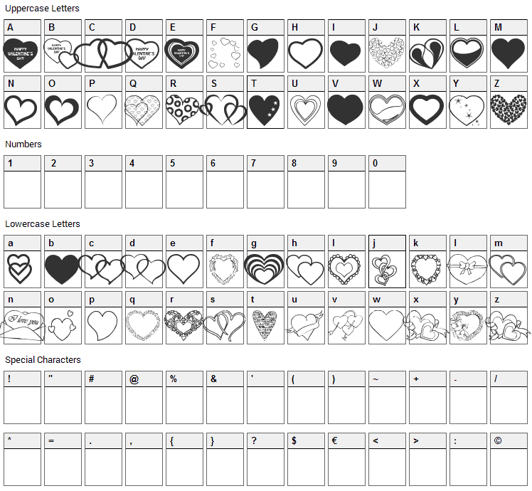 Vanlentines Day Font Character Map