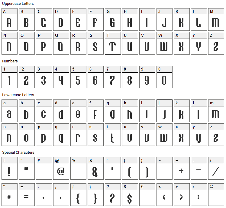 Vastagurly Display Font Character Map