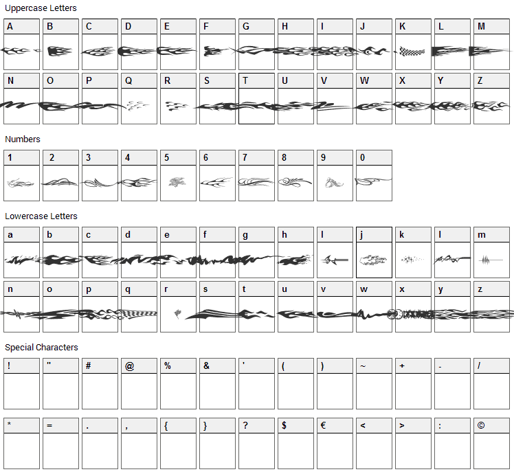 Vehicle Decals Flames & Art Font Character Map