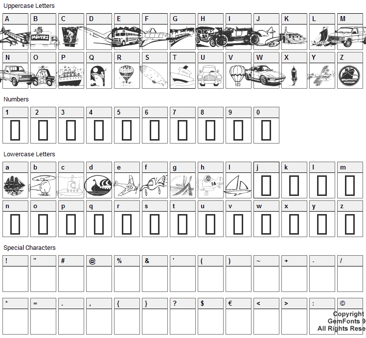 Vehicular Font Character Map