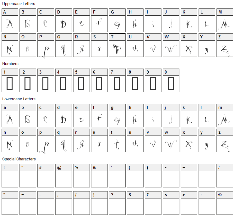 Velour Font Character Map