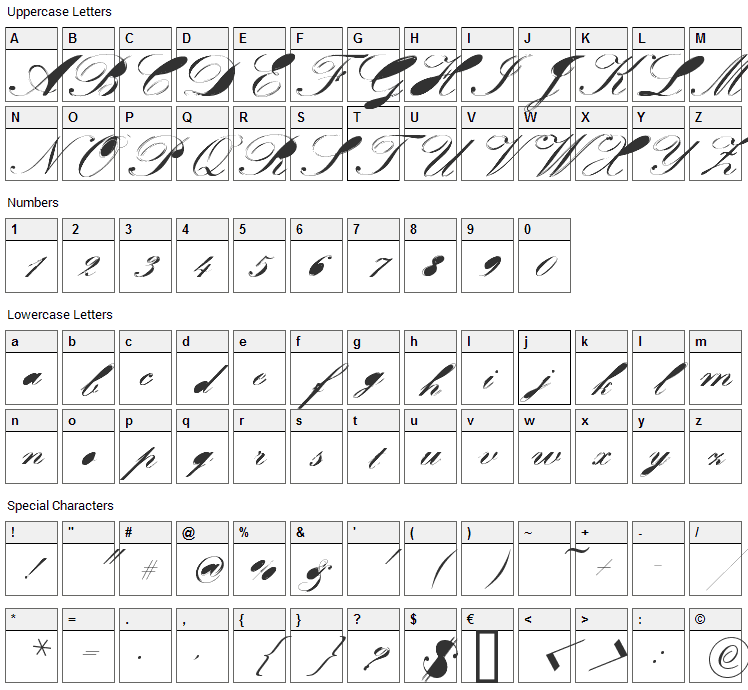 Velvet Font Character Map