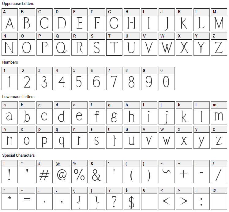 Vendetta Font Character Map