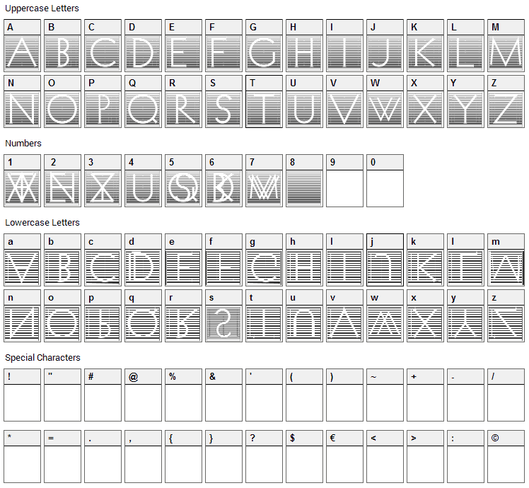 Venetian Blind Font Character Map