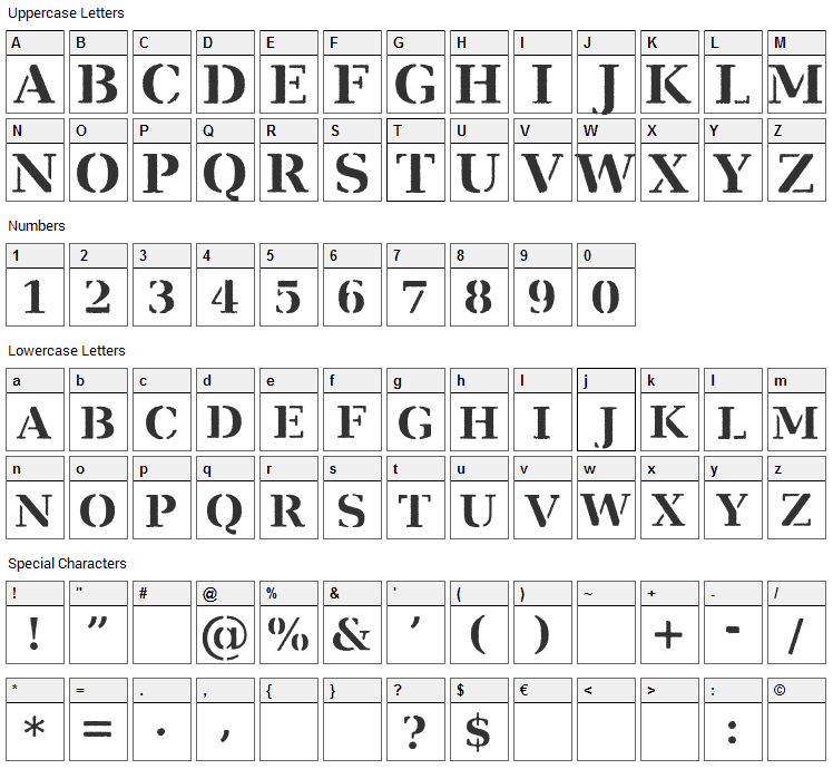 Ver Army Font Character Map