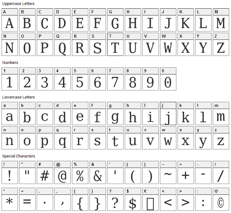 Verily Serif Mono Font Character Map