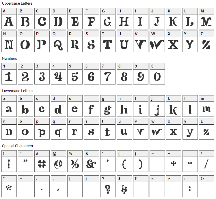 Versu Font Character Map