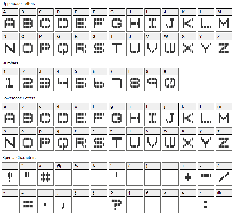 Vertical Tuning Font Character Map