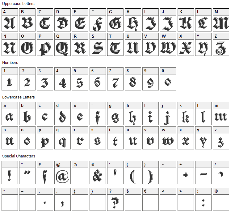 Verzierte Schwabacher Font Character Map