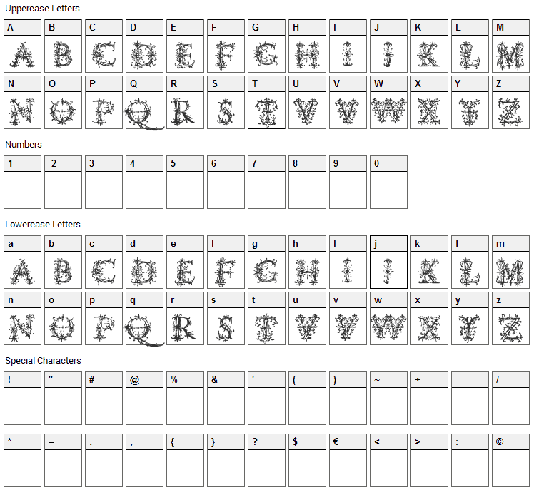 Vespasians Florials Font Character Map