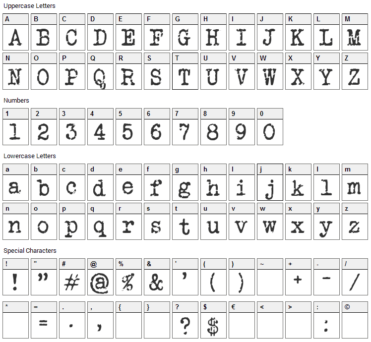 Veteran Typewriter Font Character Map