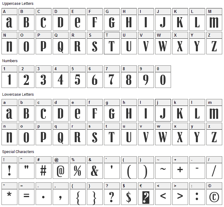 Vexler Slip Font Character Map