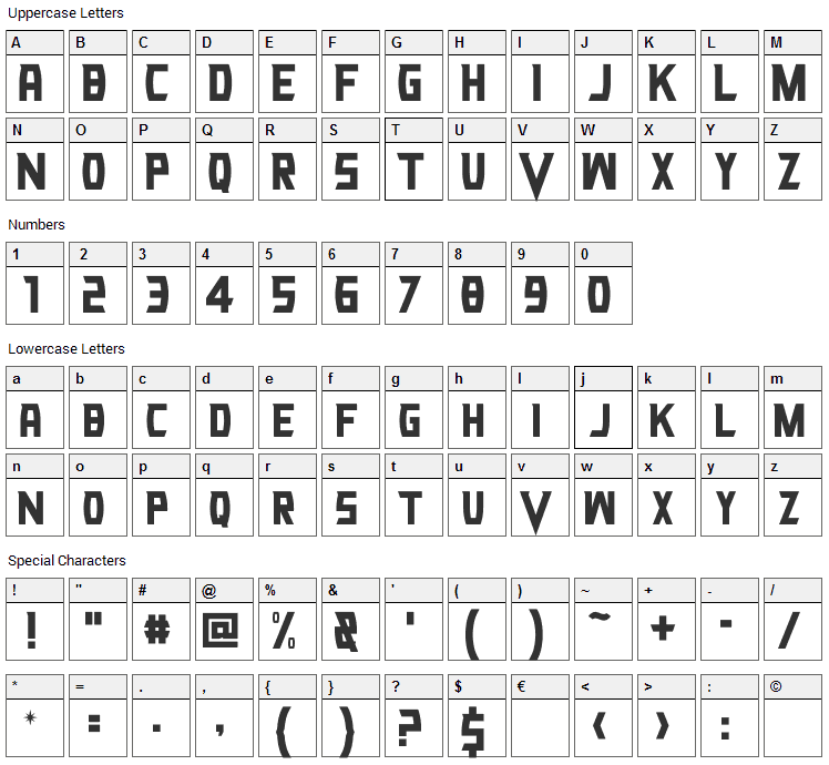 VG Knights Font Character Map