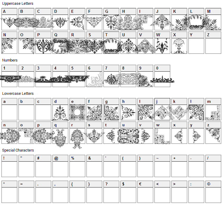 Victorian Free Ornaments Font Character Map