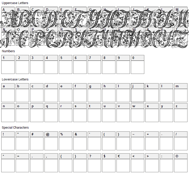 Victorian Initials One Font Character Map