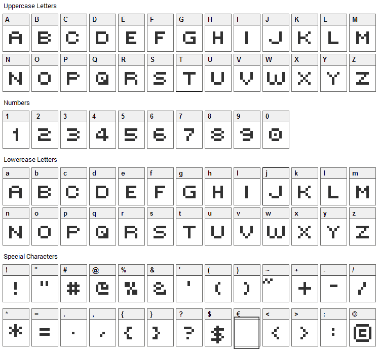 Victors Pixel Font Character Map