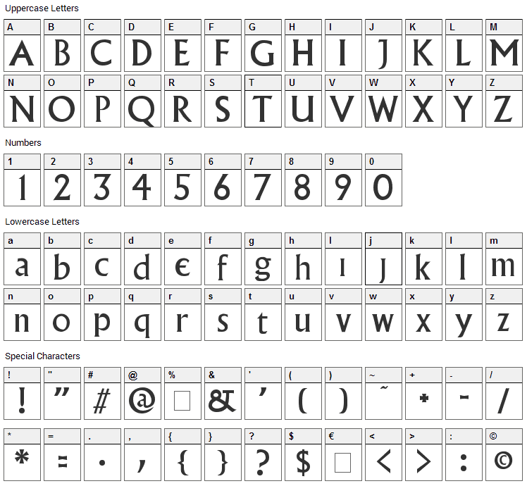 Village Font Character Map