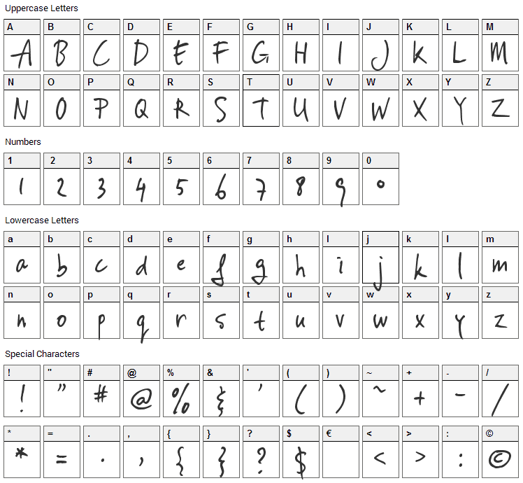 Vinc Hand Font Character Map