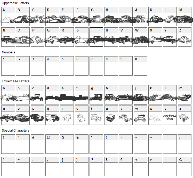 Vintage Auto Cars Font Character Map