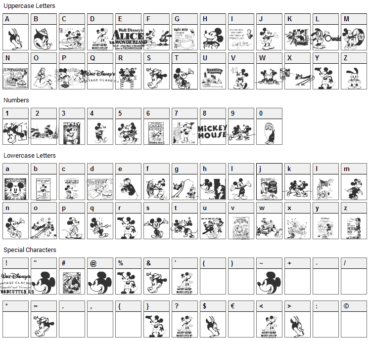 Vintage Classics Disney Font Character Map