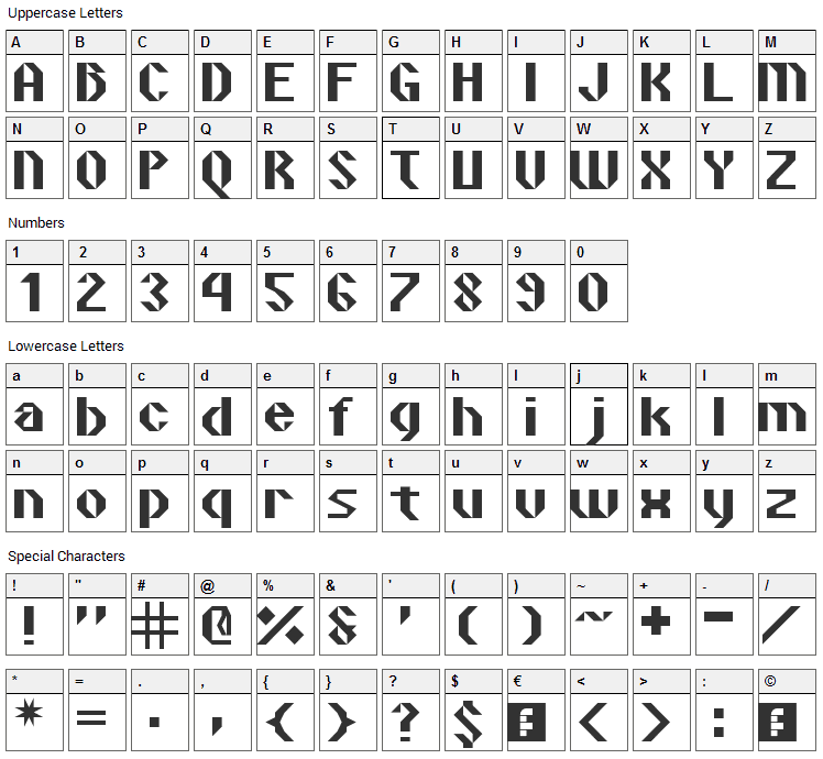 Vipond Angular Font Character Map