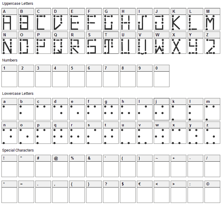 Visual Braille Font Character Map