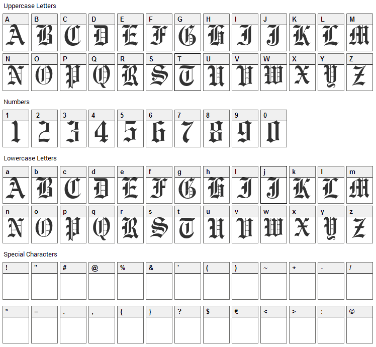 Vorname Font Character Map