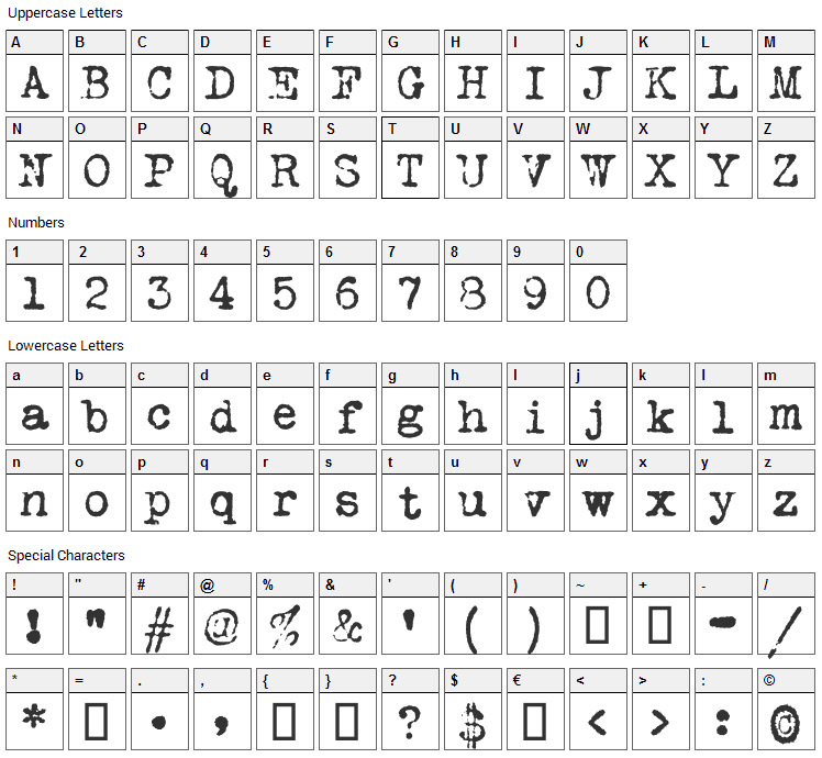 VT Portable Remington Font Character Map