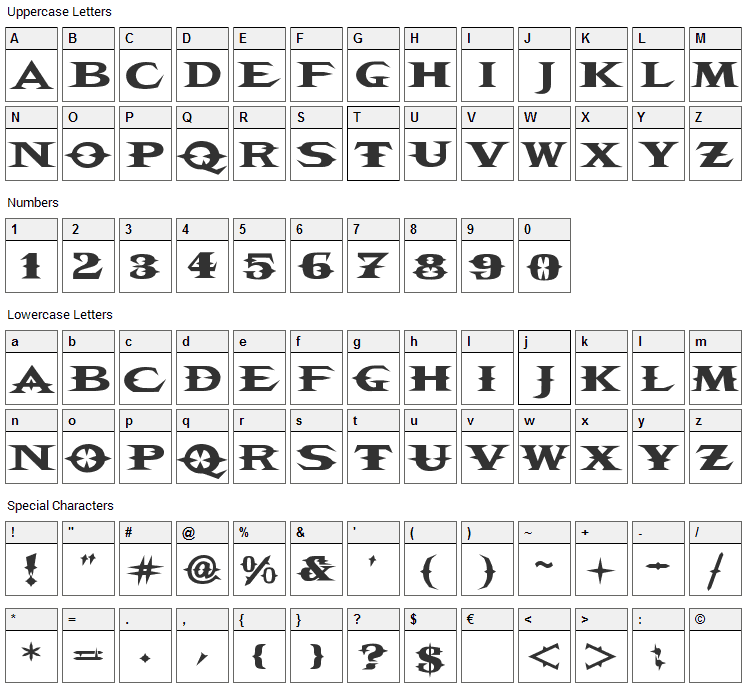 VTC Belias Blade Font Character Map